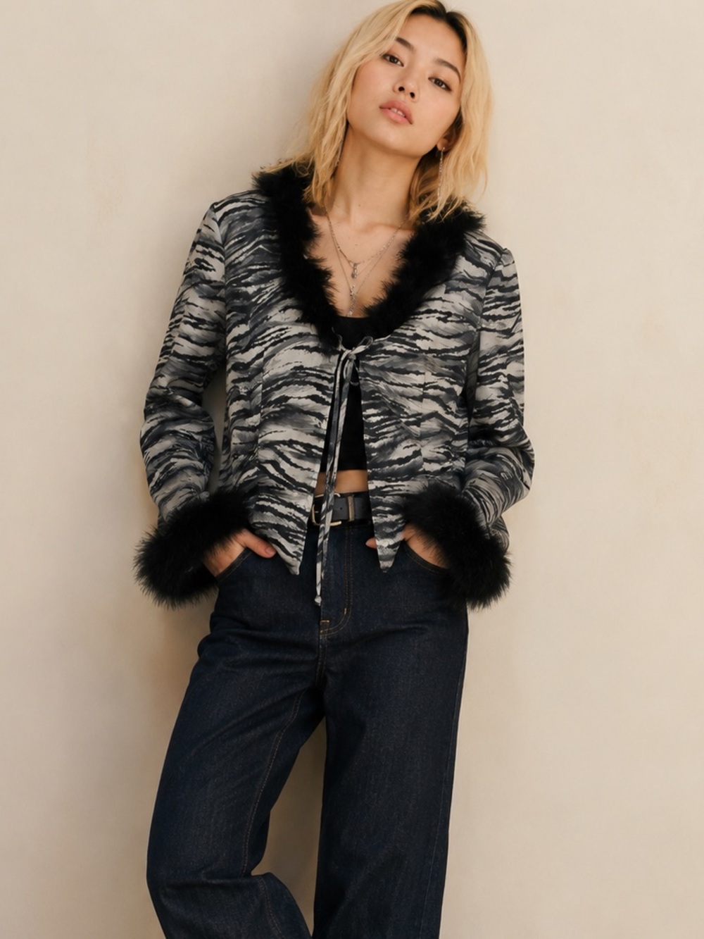 Vintage Prima Donna Zebra Feather Boa Open Front Cardigan Blouse Halloween